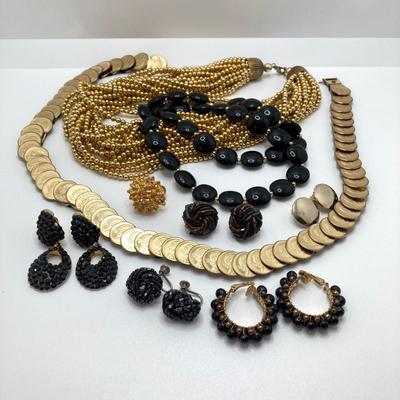 LOT 79: Vintage Gold Tone / Black Fashion Jewelry and Accessory Collection - Coin Stretch Belt, Necklaces, Earrings and Ring