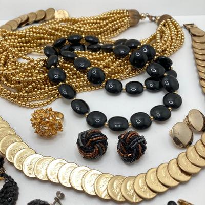 LOT 79: Vintage Gold Tone / Black Fashion Jewelry and Accessory Collection - Coin Stretch Belt, Necklaces, Earrings and Ring