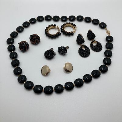 LOT 79: Vintage Gold Tone / Black Fashion Jewelry and Accessory Collection - Coin Stretch Belt, Necklaces, Earrings and Ring