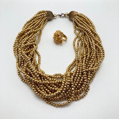 LOT 79: Vintage Gold Tone / Black Fashion Jewelry and Accessory Collection - Coin Stretch Belt, Necklaces, Earrings and Ring