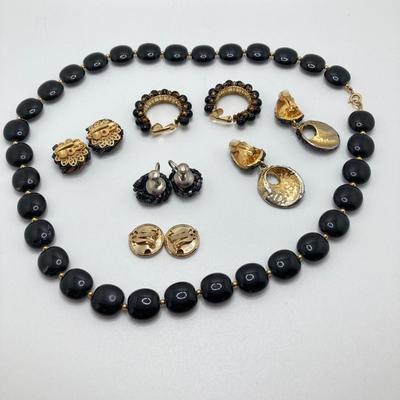 LOT 79: Vintage Gold Tone / Black Fashion Jewelry and Accessory Collection - Coin Stretch Belt, Necklaces, Earrings and Ring