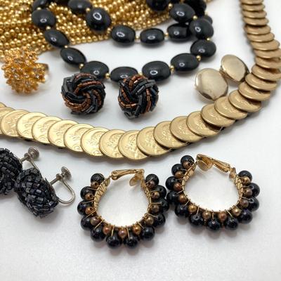 LOT 79: Vintage Gold Tone / Black Fashion Jewelry and Accessory Collection - Coin Stretch Belt, Necklaces, Earrings and Ring
