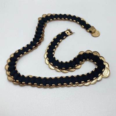 LOT 79: Vintage Gold Tone / Black Fashion Jewelry and Accessory Collection - Coin Stretch Belt, Necklaces, Earrings and Ring