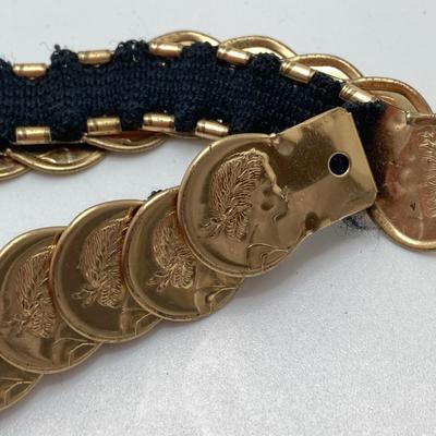 LOT 79: Vintage Gold Tone / Black Fashion Jewelry and Accessory Collection - Coin Stretch Belt, Necklaces, Earrings and Ring