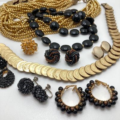 LOT 79: Vintage Gold Tone / Black Fashion Jewelry and Accessory Collection - Coin Stretch Belt, Necklaces, Earrings and Ring