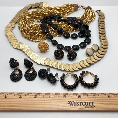 LOT 79: Vintage Gold Tone / Black Fashion Jewelry and Accessory Collection - Coin Stretch Belt, Necklaces, Earrings and Ring