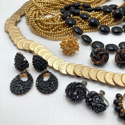 LOT 79: Vintage Gold Tone / Black Fashion Jewelry and Accessory Collection - Coin Stretch Belt, Necklaces, Earrings and Ring