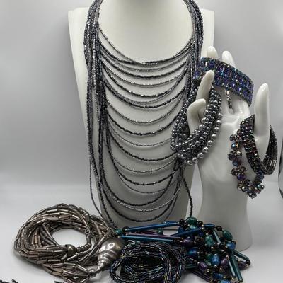 LOT 84: Ali Khan New York Multi Strand Black & Grey Beaded Necklace, Beaded Rope Necklace w/Tassels, Silver Tone Statement Necklace...