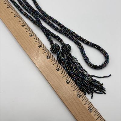 LOT 84: Ali Khan New York Multi Strand Black & Grey Beaded Necklace, Beaded Rope Necklace w/Tassels, Silver Tone Statement Necklace...