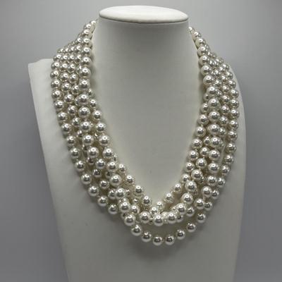 LOT 85: Opera Length Faux Pearl Necklace (40"), Faux Gray Pearl Necklaces & a Multi Strand Gold Tone/Pearl Necklace