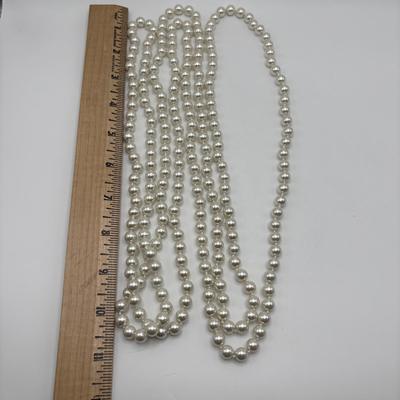 LOT 85: Opera Length Faux Pearl Necklace (40"), Faux Gray Pearl Necklaces & a Multi Strand Gold Tone/Pearl Necklace