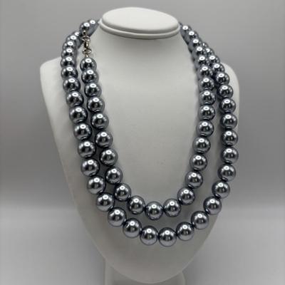 LOT 85: Opera Length Faux Pearl Necklace (40"), Faux Gray Pearl Necklaces & a Multi Strand Gold Tone/Pearl Necklace