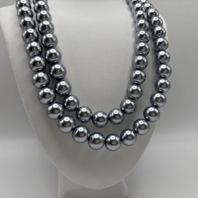 LOT 85: Opera Length Faux Pearl Necklace (40"), Faux Gray Pearl Necklaces & a Multi Strand Gold Tone/Pearl Necklace