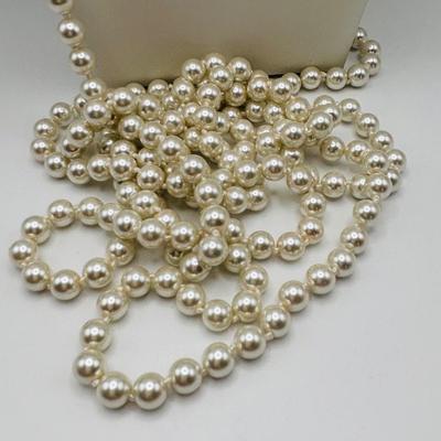LOT 85: Opera Length Faux Pearl Necklace (40"), Faux Gray Pearl Necklaces & a Multi Strand Gold Tone/Pearl Necklace