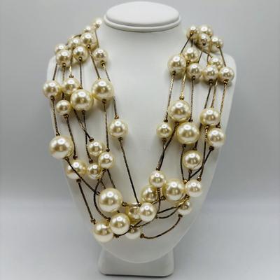 LOT 85: Opera Length Faux Pearl Necklace (40"), Faux Gray Pearl Necklaces & a Multi Strand Gold Tone/Pearl Necklace