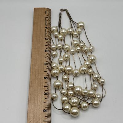 LOT 85: Opera Length Faux Pearl Necklace (40"), Faux Gray Pearl Necklaces & a Multi Strand Gold Tone/Pearl Necklace