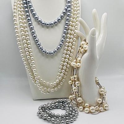 LOT 85: Opera Length Faux Pearl Necklace (40"), Faux Gray Pearl Necklaces & a Multi Strand Gold Tone/Pearl Necklace