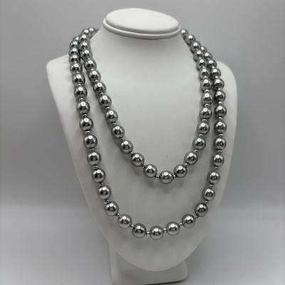 LOT 85: Opera Length Faux Pearl Necklace (40"), Faux Gray Pearl Necklaces & a Multi Strand Gold Tone/Pearl Necklace