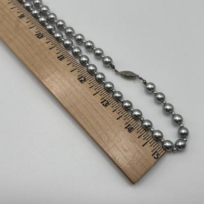 LOT 85: Opera Length Faux Pearl Necklace (40"), Faux Gray Pearl Necklaces & a Multi Strand Gold Tone/Pearl Necklace