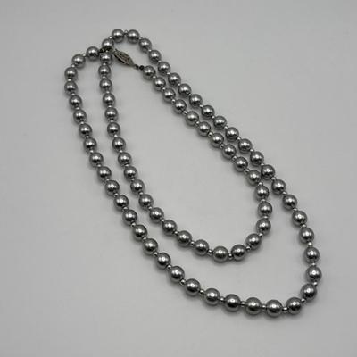 LOT 85: Opera Length Faux Pearl Necklace (40"), Faux Gray Pearl Necklaces & a Multi Strand Gold Tone/Pearl Necklace
