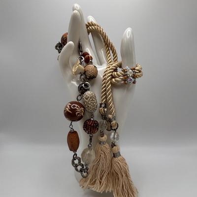 LOT 86: Handcrafted Wooden Bead Necklace & Fringed Thread Scarve/Collar Necklace along with Shell Mosaic Bead Statement Necklace,...