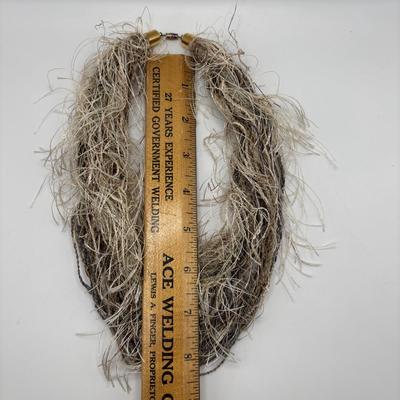 LOT 86: Handcrafted Wooden Bead Necklace & Fringed Thread Scarve/Collar Necklace along with Shell Mosaic Bead Statement Necklace,...