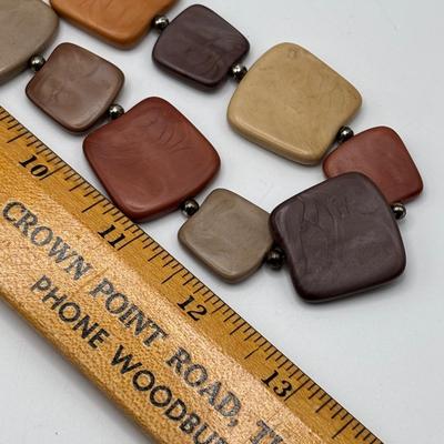 LOT 86: Handcrafted Wooden Bead Necklace & Fringed Thread Scarve/Collar Necklace along with Shell Mosaic Bead Statement Necklace,...