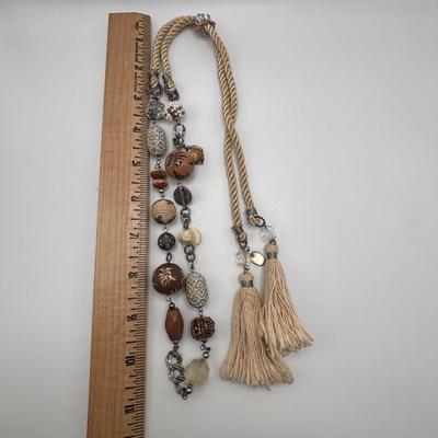 LOT 86: Handcrafted Wooden Bead Necklace & Fringed Thread Scarve/Collar Necklace along with Shell Mosaic Bead Statement Necklace,...