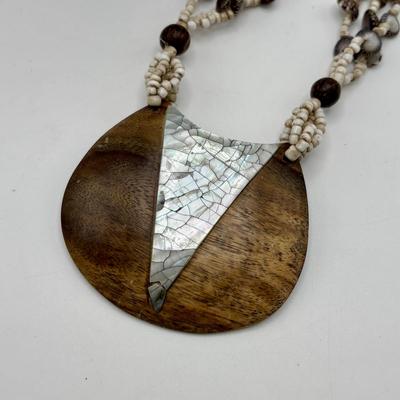 LOT 86: Handcrafted Wooden Bead Necklace & Fringed Thread Scarve/Collar Necklace along with Shell Mosaic Bead Statement Necklace,...