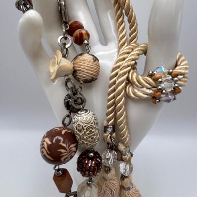 LOT 86: Handcrafted Wooden Bead Necklace & Fringed Thread Scarve/Collar Necklace along with Shell Mosaic Bead Statement Necklace,...