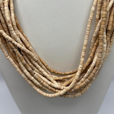 LOT 86: Handcrafted Wooden Bead Necklace & Fringed Thread Scarve/Collar Necklace along with Shell Mosaic Bead Statement Necklace,...