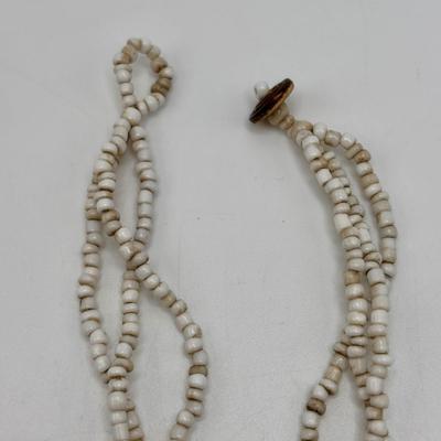 LOT 86: Handcrafted Wooden Bead Necklace & Fringed Thread Scarve/Collar Necklace along with Shell Mosaic Bead Statement Necklace,...