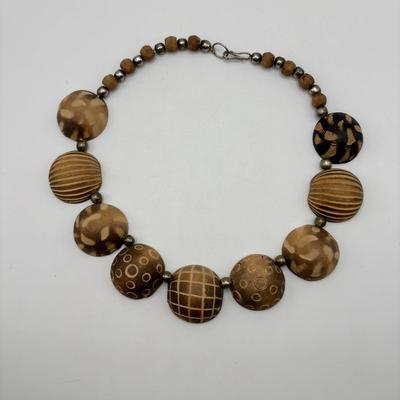 LOT 86: Handcrafted Wooden Bead Necklace & Fringed Thread Scarve/Collar Necklace along with Shell Mosaic Bead Statement Necklace,...