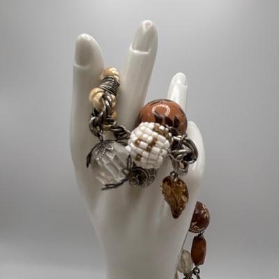 LOT 86: Handcrafted Wooden Bead Necklace & Fringed Thread Scarve/Collar Necklace along with Shell Mosaic Bead Statement Necklace,...