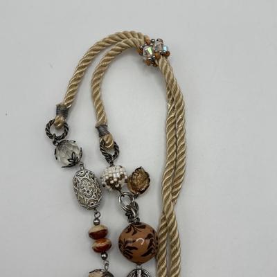 LOT 86: Handcrafted Wooden Bead Necklace & Fringed Thread Scarve/Collar Necklace along with Shell Mosaic Bead Statement Necklace,...