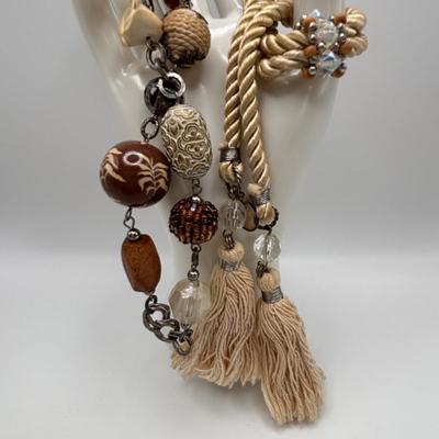 LOT 86: Handcrafted Wooden Bead Necklace & Fringed Thread Scarve/Collar Necklace along with Shell Mosaic Bead Statement Necklace,...