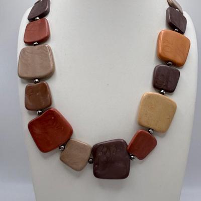 LOT 86: Handcrafted Wooden Bead Necklace & Fringed Thread Scarve/Collar Necklace along with Shell Mosaic Bead Statement Necklace,...