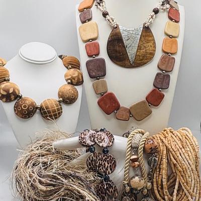 LOT 86: Handcrafted Wooden Bead Necklace & Fringed Thread Scarve/Collar Necklace along with Shell Mosaic Bead Statement Necklace,...