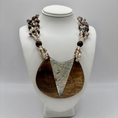 LOT 86: Handcrafted Wooden Bead Necklace & Fringed Thread Scarve/Collar Necklace along with Shell Mosaic Bead Statement Necklace,...