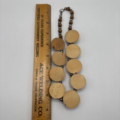 LOT 86: Handcrafted Wooden Bead Necklace & Fringed Thread Scarve/Collar Necklace along with Shell Mosaic Bead Statement Necklace,...