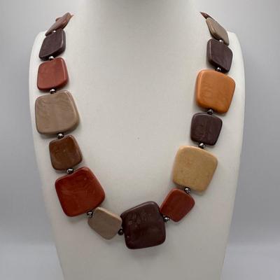 LOT 86: Handcrafted Wooden Bead Necklace & Fringed Thread Scarve/Collar Necklace along with Shell Mosaic Bead Statement Necklace,...