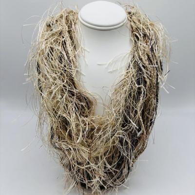 LOT 86: Handcrafted Wooden Bead Necklace & Fringed Thread Scarve/Collar Necklace along with Shell Mosaic Bead Statement Necklace,...