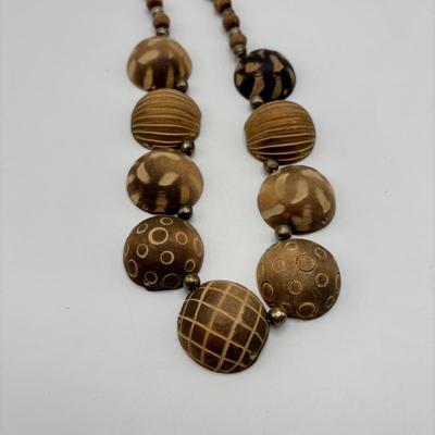 LOT 86: Handcrafted Wooden Bead Necklace & Fringed Thread Scarve/Collar Necklace along with Shell Mosaic Bead Statement Necklace,...
