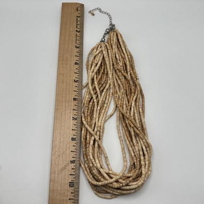 LOT 86: Handcrafted Wooden Bead Necklace & Fringed Thread Scarve/Collar Necklace along with Shell Mosaic Bead Statement Necklace,...