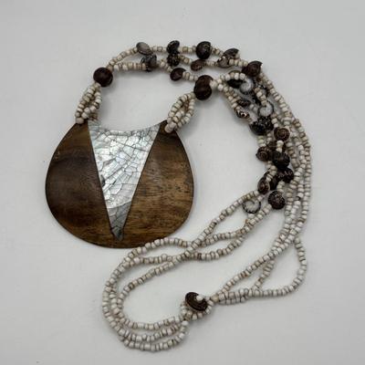 LOT 86: Handcrafted Wooden Bead Necklace & Fringed Thread Scarve/Collar Necklace along with Shell Mosaic Bead Statement Necklace,...