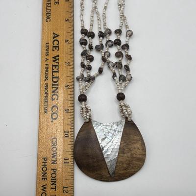 LOT 86: Handcrafted Wooden Bead Necklace & Fringed Thread Scarve/Collar Necklace along with Shell Mosaic Bead Statement Necklace,...