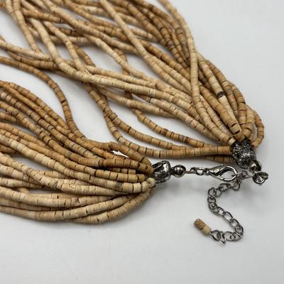 LOT 86: Handcrafted Wooden Bead Necklace & Fringed Thread Scarve/Collar Necklace along with Shell Mosaic Bead Statement Necklace,...