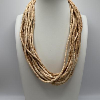 LOT 86: Handcrafted Wooden Bead Necklace & Fringed Thread Scarve/Collar Necklace along with Shell Mosaic Bead Statement Necklace,...