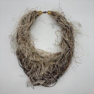 LOT 86: Handcrafted Wooden Bead Necklace & Fringed Thread Scarve/Collar Necklace along with Shell Mosaic Bead Statement Necklace,...