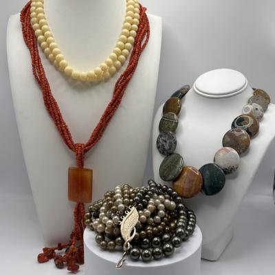 LOT 90: Colorful Agate Stone Necklace w/925 Sterling Silver Clasp, Richelieu double Strand Beaded Necklace, Graduated Multi Strand Faux...